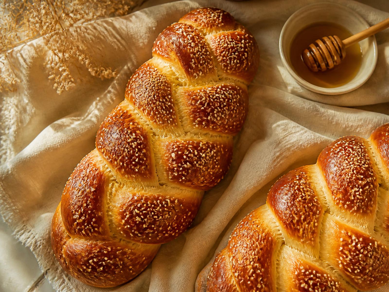 Freshly baked golden braided challah loaves on linen with honey
